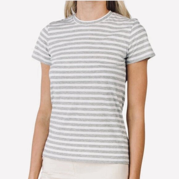 Vince Sz M Women’s Striped Short Sleeve Pima Cotton White/Gray T Shirt - Picture 1 of 11